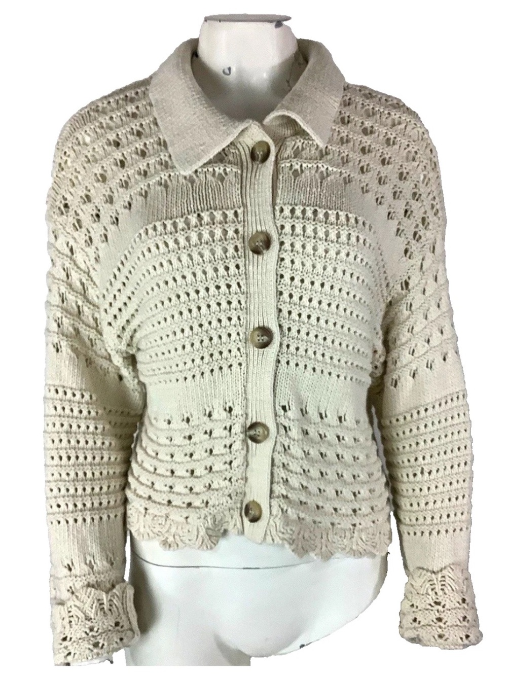 H&M Womens Sz L 100% Cotton Heavy Open Knit Button Collared Cardigan Cream